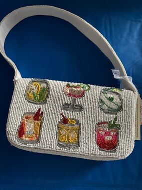 White Beaded Shoulder Bag with Colorful Cocktail Motifs